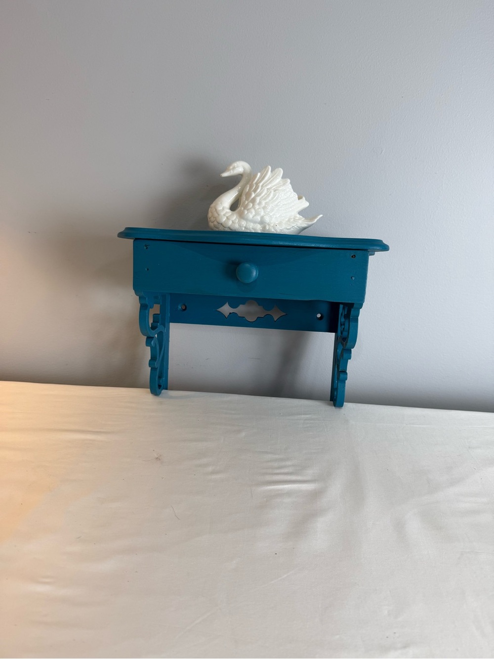 Teal Blue Vintage Wood Hanging Shelf  With Pull Out Drawer Decorative Sides